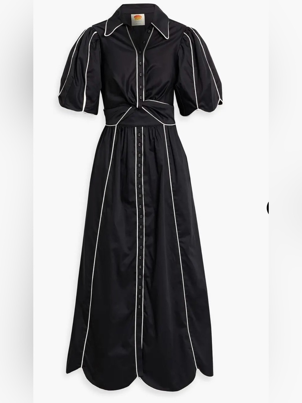 Farm Rio Twisted Cotton Midi Dress with white piping and scalloped hem line. M. - Picture 5 of 11
